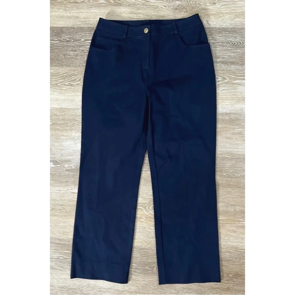 St. John Sz 4 Wide Leg Navy Blue Logo Denim Jean Pants Stretch Womens USA Made